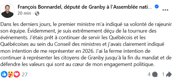 Exclusion du Conseil des ministres: François Bonnardel réagit